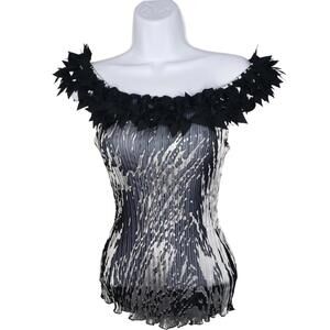 Vintage Carrie Allen Women's Sz S Fringe Boat-Neck Pleated Sheer Blouse(1844)